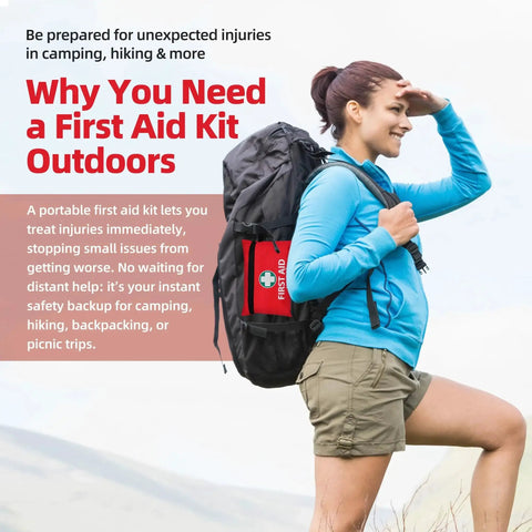 Woman hiking outdoors carrying a backpack with the Must Have 110 Piece Mini Grab And Go First Aid Kit in a compact red case.