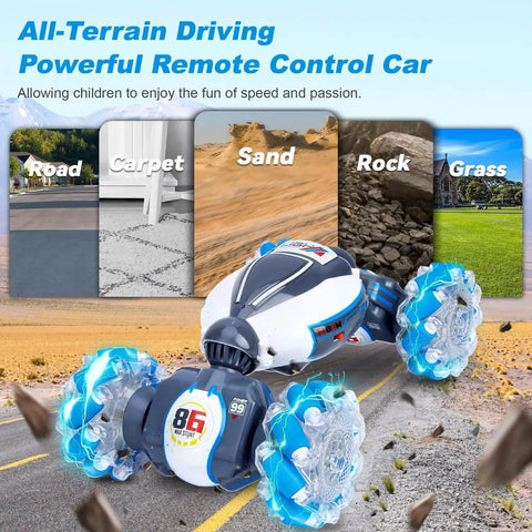 Gesture Sensing RC Stunt Car For Kids And Teens, 360 Degree Spin, Off Road Drifting, shown driving on various terrains.
