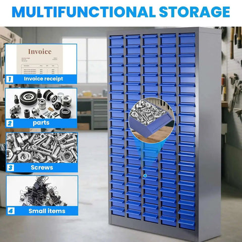 Heavy Duty 100 Drawer Nut And Bolt Organizer With Labels And Adjustable Dividers ABS Drawers And Alloy Steel Frame For Workshop Garage Freestanding Parts Cabinet With 920 Pound Load Capacity