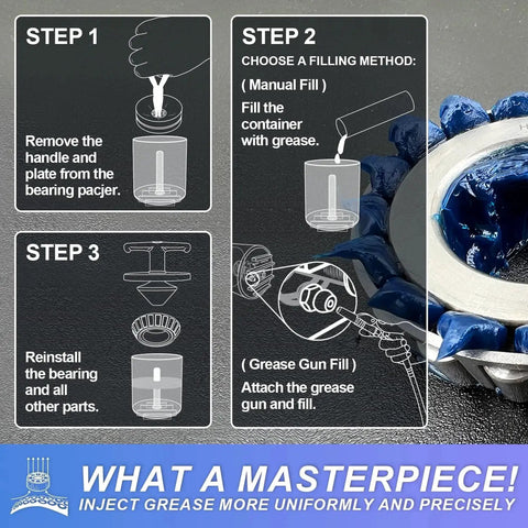 Rotation Handle Bearing Packer For Effortless Wheel Bearing Grease Application infographic with instructions