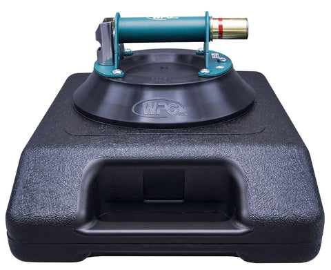10 Inch Concave Vacuum Cup With Metal Handle And Red Line Vacuum Loss Indicator in black case, front view