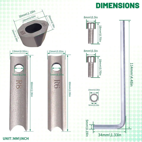 Dimensions of R6mm R8mm Metal Die Blade Replacement Kit for Corner Rounder Cutter Machine with detailed measurements and parts view