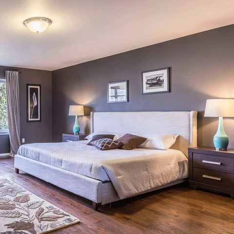 Bedroom with neutral colors, double bed, two nightstands, and ceiling fixture ideal for LED A19 Light Bulbs 9W 60 Watt Equivalent.
