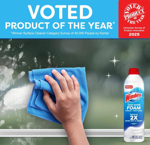 Voted Product of the Year banner with a hand using Fast Shine Foam Glass Cleaner No Drip Aerosol Spray 19 Oz on a window surface.