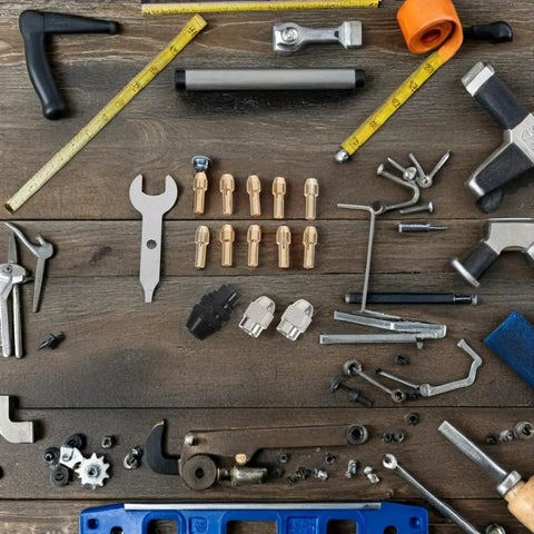 Miniature Drill Chuck Collet Set With Ten Copper Core Collets And Two Wrenches for rotary tools on wooden surface