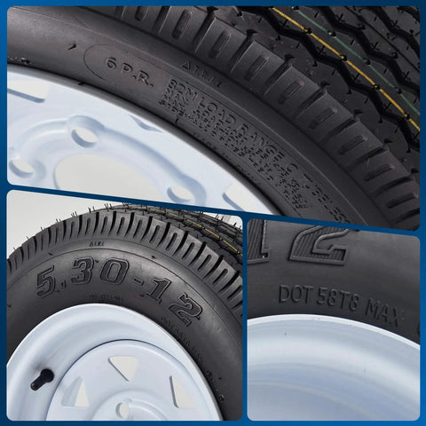 Close-up view of Two Pack 5.30-12 Trailer Tires On 12 Inch Rims With Five Lug On 4.5 Inch Bolt Pattern Center Bore 2.95 Inches