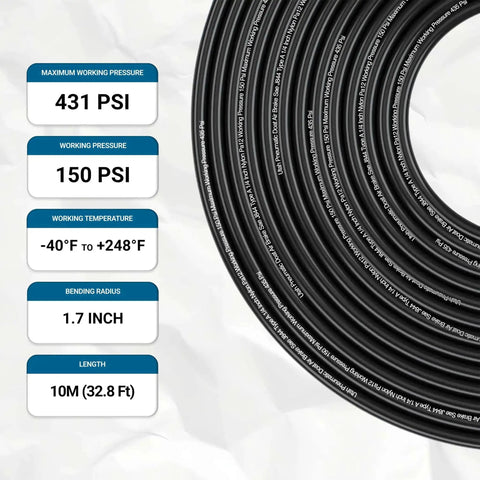Black 1/4 Inch Air Line Tubing Nylon PA12 32.8Ft DOT Approved shown with specifications and coiled design