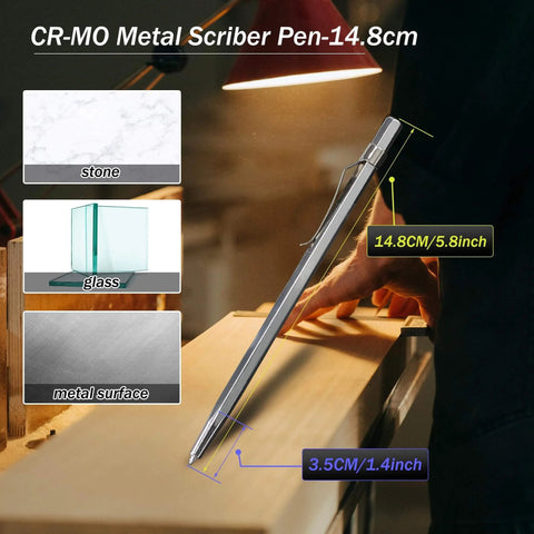CR-MO metal scriber pen 14.8cm on wooden surface with dimensions and material examples: stone, glass, metal surface.