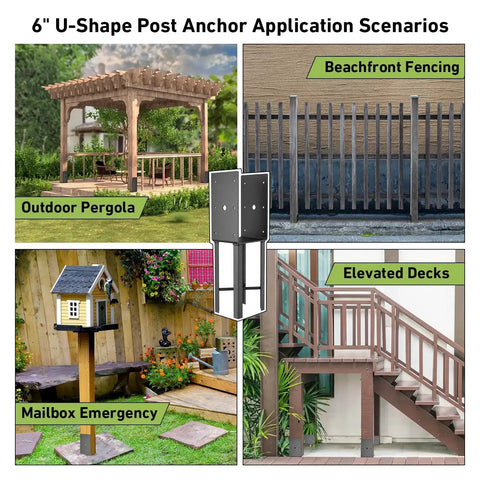 4x4 Post Anchor For Wet Concrete 14 Inch U Shape Fence Post Base With Hardware Kit Pro Grade Heavy Duty Ground Spike Bracket For Decks, image showing application scenarios for outdoor pergola, beachfront fencing, elevated decks, and mailbox emergency.