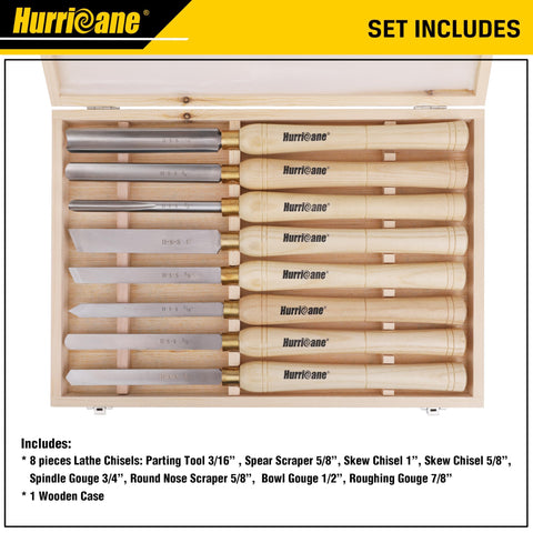 Top view of Pro Grade 8 Piece Wood Lathe Chisel Set With Wooden Box For Precision Cutting And Smooth Detailing In Woodworking Hurricane HSS Wood Turning Tools For Roughing, Shaping, Spindle Work And Fine Detailing in an open wooden case.