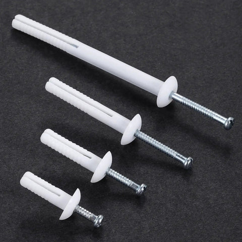 One Quarter By Three Inch Plastic Hammer Drive Nail In Anchors For Concrete And Masonry, 100 Pieces Per Box, varied sizes shown