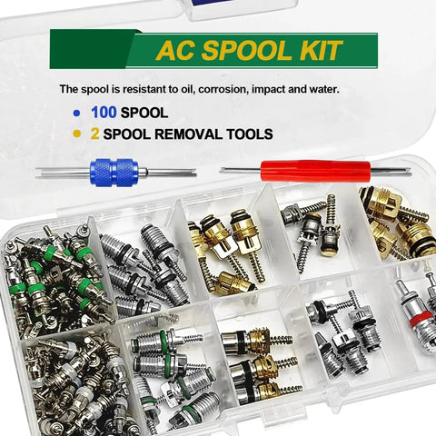 Car Air Conditioning Repair Kit With 270 O Ring Seals And 102 Valve Core Kit Plus Remover Tool For R12 R134a Refrigeration Systems Tire Valve Cores And Double Head Install Tool Separated O Ring Organizer Durable Pro Grade Auto A C Maintenance product with organized valve cores and removal tools in a plastic case