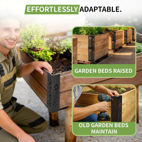 Beefy Wood Corner Brackets Set For Raised Garden Beds with heavy-duty metal corners, showing installation on wooden garden bed, rust resistant.