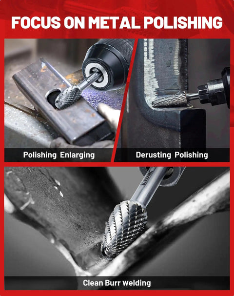 Pro Grade 5 Piece Tungsten Carbide Burr Set With One Quarter Inch Shank For Rotary Tools Double Cut Bits in use on metal