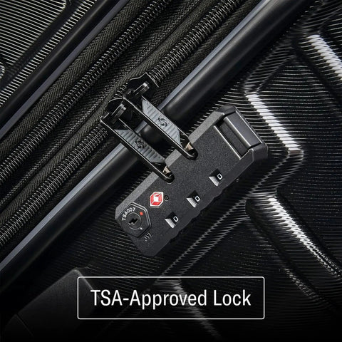 Close-up of TSA lock on Omni 2 Hardside Expandable Travel Luggage Set With Spinner Wheels Includes 20 Inch Carry On And 24 Inch Checked Suitcase
