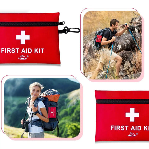Grab and Go 152 Piece Small First Aid Kit TSA Approved for Travel and Outdoors in use on hiking trip with red carrying case