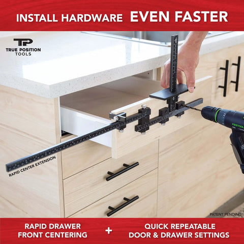 Person using Cabinet Hardware Jig for Long Pulls and Shelf Pin Holes Install 32mm Holes on kitchen drawer.