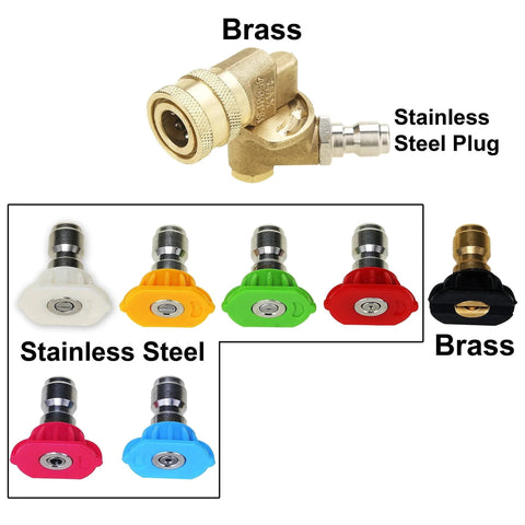 All In One Pressure Washer Accessories Kit With 7 Nozzle Tips And 240 Degree Pivoting Quick Connect Coupler For Quarter Inch Hoses Fits Most Brands Up To 4500 PSI 8 Pack M MINGLE showing brass and stainless steel components