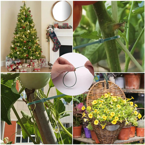 Green Zip Ties Assorted Sizes 4 6 8 12 Inch Pack Of 200 With 18 To 50 Lb Tensile Strength used for Christmas decor and gardening.