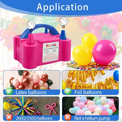 Electric Balloon Pump Inflator, Portable Balloon Blower With Dual Nozzles And Tie Tool, shown with various balloons.