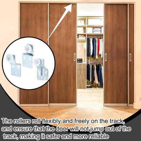12 Piece Sliding Closet Door Roller Kit For Top Hung Bypass Wardrobe Doors With Three Quarter Inch Wheels In Two Offsets, installed on wooden doors