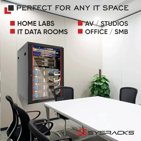 Installed Wall Mount 18U Server Rack Cabinet With 19 Inch Network Enclosure in office, visible cabling and equipment, heavy duty 133 lb load