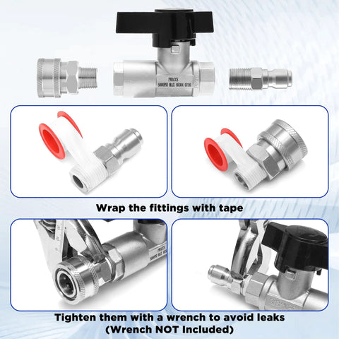 PWACCS ball valve for pressure washers, stainless steel 3/8 in quick-connect with black handle and two fittings