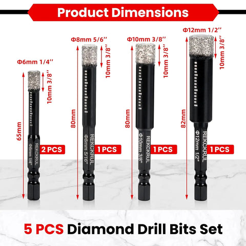 Diamond Drill Bits Set For Ceramic Tile Glass Granite Marble Brick Stone Five Piece Pack With 1/4 Inch 5/16 Inch 3/8 Inch And 1/2 Inch Diamond Core Bits And 1/4 Hex Shank Vacuum Brazed For Dry And Wet Drilling REKCKRUL product dimensions