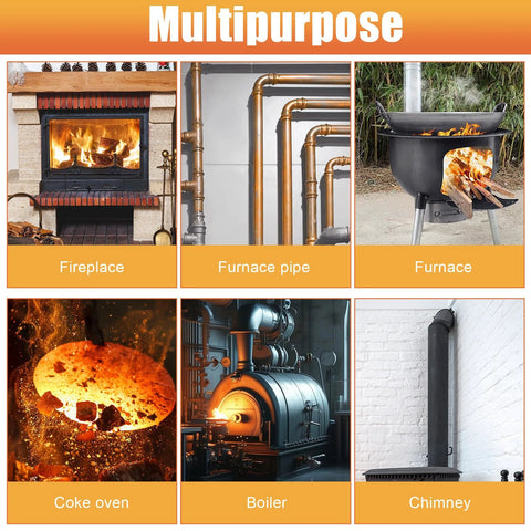 Wood stove gasket cement collage with six home heating items: fireplace, furnace pipe, furnace, coke oven, boiler, chimney