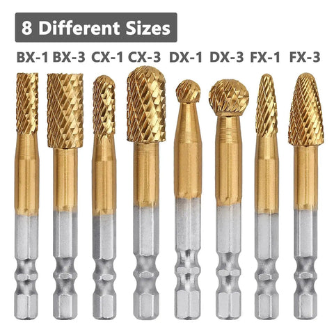 8Pcs Carbide Burr Set With One Quarter Inch Hex Shank For DIY Grinder Double Cut Tungsten Rotary Burrs in various shapes.