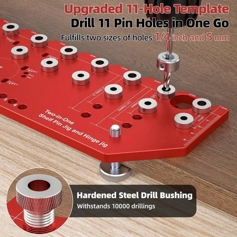 Handy Dual Function Shelf Pin And Hinge Jig 2 In 1 With 11 Hole Template One Quarter Inch And Five Millimeter Shelf Pin Drilling Guide Self Contained Clamp Cabinet Hardware Drill Guide For Quick Accurate Cabinet Installations showing red jig on wooden surface with steel bushings.