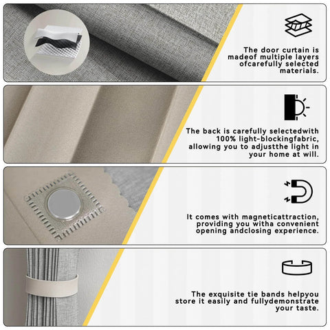 Accordion Door Curtain With Adhesive Track 100 Percent Blackout For Bedroom Closet Or Room Divider Gray 43 Inch Wide By 78 Inch Long Faux Linen Look showing layers, magnetic closure, and tie bands.