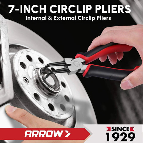 Using 7-inch circlip pliers for auto repair, focused on internal and external circlip removal, with red handle grips.