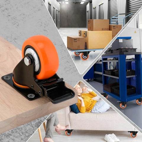 Beefy Heavy Duty 3 Inch Swivel Caster Wheels With Brakes, orange wheel on furniture, utility carts, and workstations