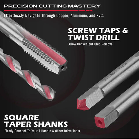 Close-up of screw taps and twist drill from the Thread Repair Kit 320-Piece Universal Metric SAE Rethread Tool Set For Engines.