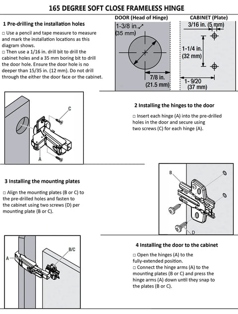 Installation guide for Concealed Hydraulic 165 Degree Frameless Cabinet Door Hinges With Adjustable Mounting Easy Install Soft Closing Nickel Plated Steel Buffer Dampers For Wardrobe 2 Pack Full Overlay.