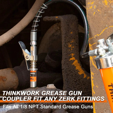 Powerful 0.53 Inch 90 Degree Grease Gun Coupler Set With Quick Release And 12 Inch Flex Hose Strong Lock On Design 12000 PSI