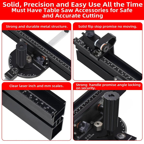 Compact Table Saw Miter Gauge with 360mm Fence and Multifunction Flip Stop for Accurate Crosscuts and Angles