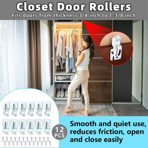 12 Pcs Closet Sliding Door Roller Kit With 24 Screws For Top Hung Bypass Closet And Kitchen Doors, includes mounted example
