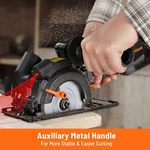Person using Beast Mode Circular Saw 5.8A With Laser Guide And Metal Handle Includes Six Blades For Wood Plastic Metal And Tile Deep Cut At Ninety Degrees One And Eleven Sixteenths Inch And At Forty Five Degrees One And Three Eighths Inch Model MCS01A on wood surface with red laser guide