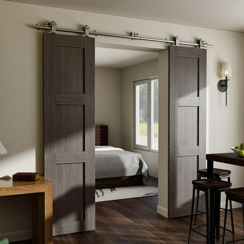 8 Foot Stainless Steel Sliding Barn Door Hardware Kit For Double Doors Built To Last Heavy Duty Smooth Quiet Track System With Anti Rust Gcr15 Rollers Supports Up To 220 Lbs Fits Door Panels Up To 24 Inches installed view in modern room.