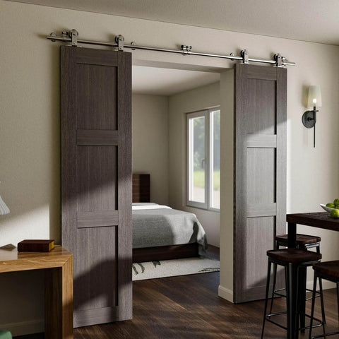 Heavy Duty Stainless Steel Double Sliding Track Barn Door Hardware Kit, 6.6 Foot Rail System with quiet smooth rollers shown installed