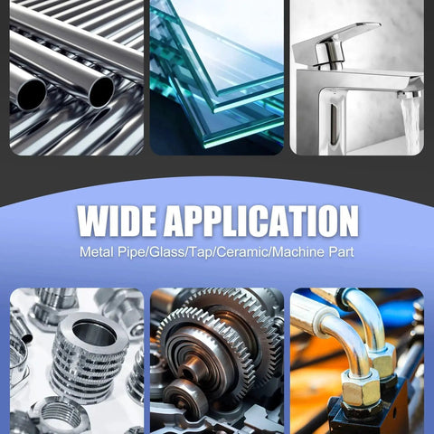 Collage showing metal pipes, glass, tap, ceramic parts, gears, and machine parts for Heavy Duty Metal Glue Epoxy Adhesive 3.4 oz.