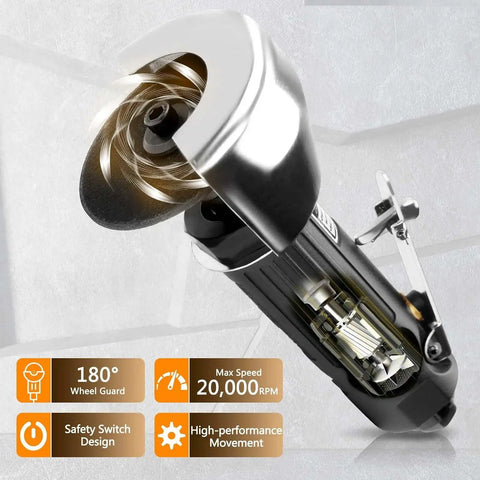Pro Grade Pneumatic Cut Off Tool Kit With Two 3 Inch Die Grinder Cut Off Wheels showing 20,000 RPM and safety features