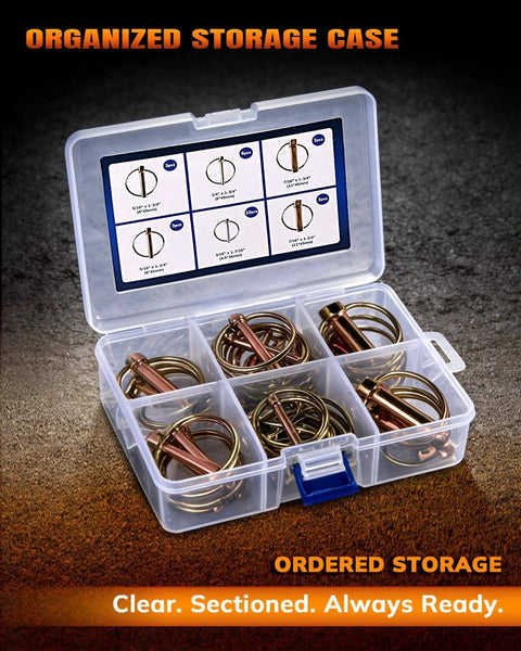 30 Piece Heavy Duty Lynch Pin Assortment Kit With Zinc Plated Steel Pins Includes 4 Sizes For Tractors Trailers Trucks Lawn Mowers And Trolleys Self Locking Ring Prevents Vibration Universal Fit For Farm Implements shown in clear divided box
