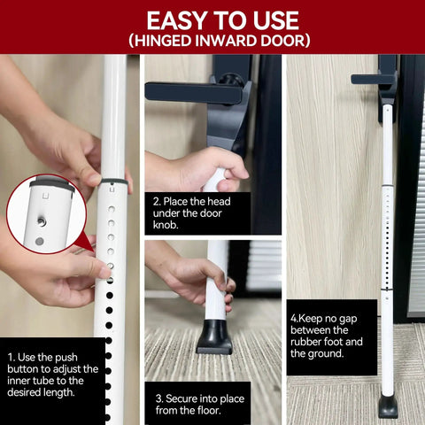 Step-by-step installation of Heavy Duty Door Security Bar Adjustable Jammer For Home Sliding Patio White on hinged door.