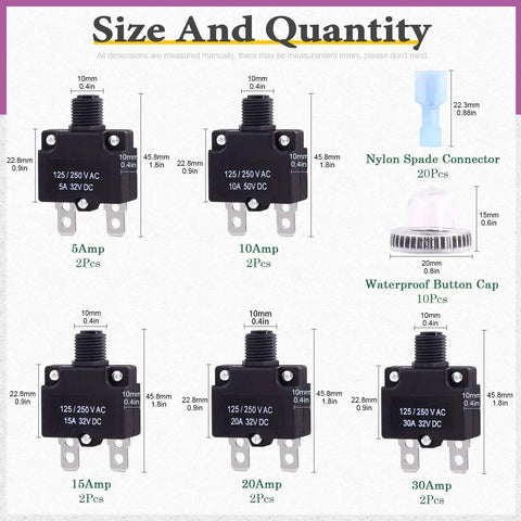 Thermal Circuit Breaker Kit With Quick Connect Terminals And Waterproof Button Caps 30Pcs 5 Sizes From 5Amp To 30Amp Includes 2 Pcs Each Rating And 20Pcs Quick Connect Terminals For High Density Circuit Protection And Plug And Play Switch Operation