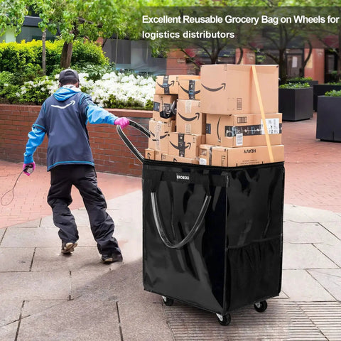 Large Black Reusable Grocery Bag On Wheels Foldable Rolling Tote with packages, Zipper Closure, Carries Up To 76 Lbs, used outdoors