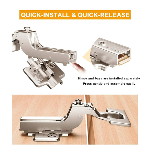 Two Pack Professional Grade Frameless Soft Close Inset Cabinet Hinges With Clip On Mount Speed Adjustable 3 To 8 Seconds 4D Adjustment Concealed European Hinges For Frameless Kitchen Cabinets, showcasing hinge installation and quick-release feature.