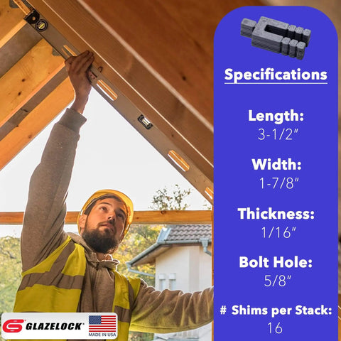 Construction worker installing framework using Plastic Peel Away Stackable Shims For Leveling 32 Piece Set, 3 1/2 Inch Length, 1/16 Inch Thickness, U Shape Bolt Hole 5/8 Inch Tile Spacers For Windows, Doors, Floors, And Toilet Shims, Reusable Quick Adjust Spacers By Glazelock Made In USA.